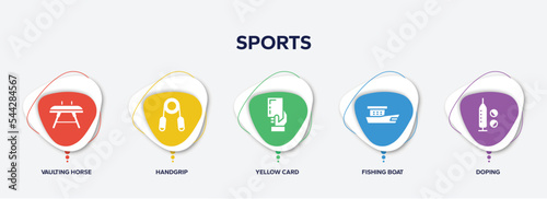 infographic element template with sports filled icons such as vaulting horse, handgrip, yellow card, fishing boat, doping vector.