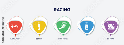 infographic element template with racing filled icons such as kart racing, isotonic, hang glider, , oil down vector.