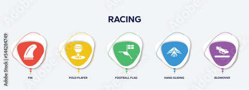 infographic element template with racing filled icons such as fin, polo player, football flag, hang gliding, blowover vector.