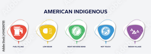 infographic element template with american indigenous filled icons such as fuel filling, low beam, right reverse bend, not touch, indian village vector. photo