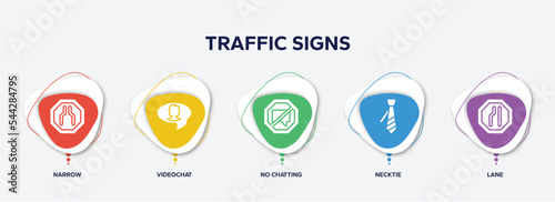 infographic element template with traffic signs filled icons such as narrow, videochat, no chatting, necktie, lane vector.
