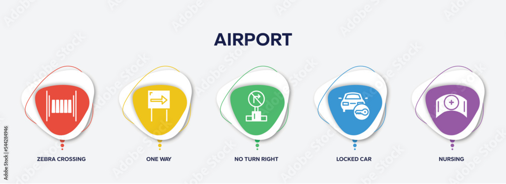 infographic element template with airport filled icons such as zebra crossing, one way, no turn right, locked car, nursing vector.