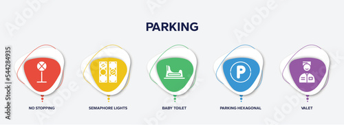 infographic element template with parking filled icons such as no stopping, semaphore lights, baby toilet, parking hexagonal, valet vector.