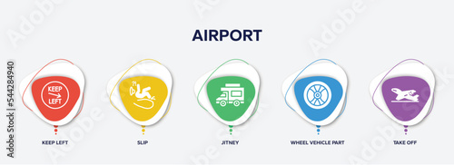 infographic element template with airport filled icons such as keep left, slip, jitney, wheel vehicle part, take off vector.