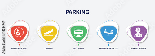 infographic element template with parking filled icons such as wheelchair side view, landing, big stadium, children on teeter totter, parking worker vector.