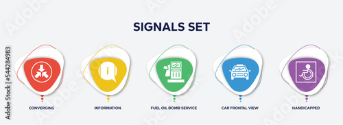 infographic element template with signals set filled icons such as converging, information, fuel oil bomb service, car frontal view, handicapped vector.