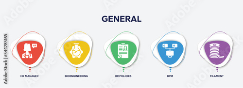 infographic element template with general filled icons such as hr manager, bioengineering, hr policies, bpm, filament vector.