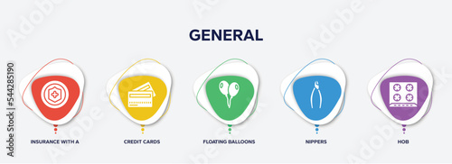 infographic element template with general filled icons such as insurance with a button, credit cards, floating balloons, nippers, hob vector.