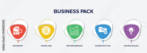 infographic element template with business pack filled icons such as seo report, yen big coin, seo performance, folder with plus, lightbulb black tool shape vector.