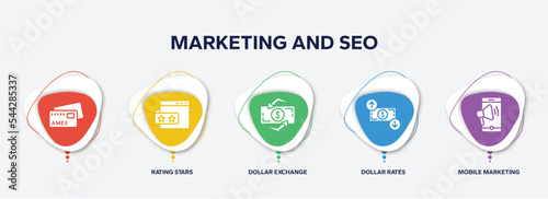 infographic element template with marketing and seo filled icons such as , rating stars, dollar exchange, dollar rates, mobile marketing vector.