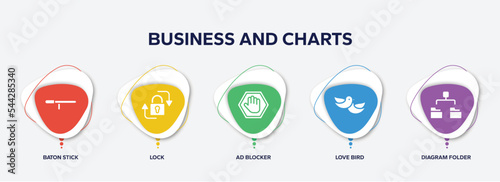 infographic element template with business and charts filled icons such as baton stick, lock, ad blocker, love bird, diagram folder vector.