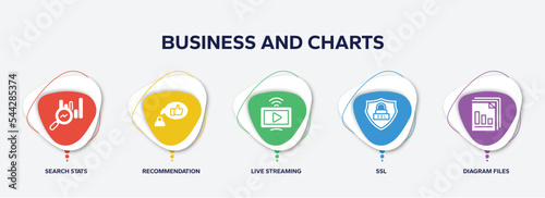 infographic element template with business and charts filled icons such as search stats, recommendation, live streaming, ssl, diagram files vector.