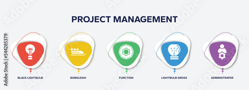 infographic element template with project management filled icons such as black lightbulb, bobsleigh, function, lightbulb gross, administrator vector.