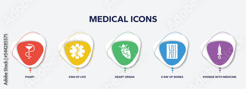infographic element template with medical icons filled icons such as phary, star of life, heart organ, x ray of bones, syringe with medicine vector.