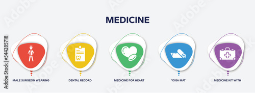 infographic element template with medicine filled icons such as male surgeon wearing uniform, dental record, medicine for heart, yoga mat, medicine kit with first aid vector.