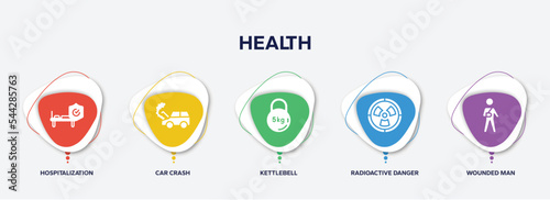 infographic element template with health filled icons such as hospitalization, car crash, kettlebell, radioactive danger, wounded man vector.
