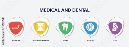 infographic element template with medical and dental filled icons such as deckchair, cross inside a square, molar, heliport, fetus vector.
