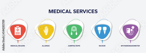 infographic element template with medical services filled icons such as medical record, allergic, jumping rope, incisor, sphygmomanometer vector.