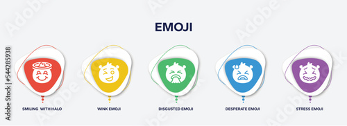 infographic element template with emoji filled icons such as smiling with halo emoji, wink emoji, disgusted desperate stress vector.