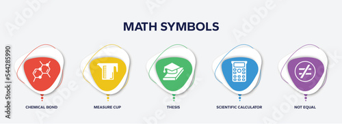 infographic element template with math symbols filled icons such as chemical bond, measure cup, thesis, scientific calculator, not equal vector.