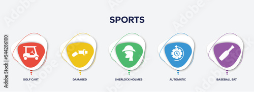 infographic element template with sports filled icons such as golf cart, damaged, sherlock holmes, automatic, baseball bat vector.