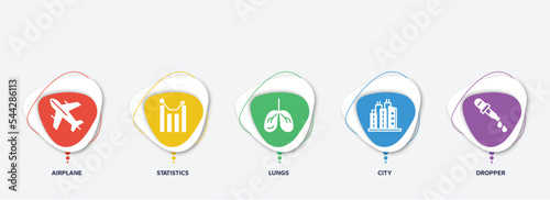 infographic element template with filled icons such as airplane, statistics, lungs, city, dropper vector.