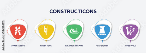 infographic element template with constructicons filled icons such as mower scissor, pulley hook, excavator hine arm, road stopper, three tools vector.