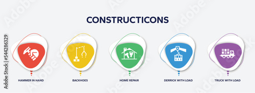 infographic element template with constructicons filled icons such as hammer in hand, backhoes, home repair, derrick with load, truck with load vector.