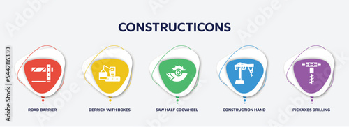 infographic element template with constructicons filled icons such as road barrier, derrick with boxes, saw half cogwheel, construction hand drawn sketch, pickaxes drilling vector.
