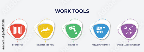infographic element template with work tools filled icons such as doors open, excavator side view, inclined ax, trolley with cargo, wrench and screwdriver cross vector.