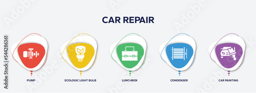 infographic element template with car repair filled icons such as pump, ecologic light bulb, lunchbox, condenser, car painting vector.