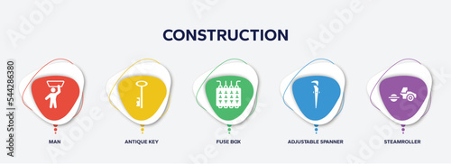 infographic element template with construction filled icons such as man, antique key, fuse box, adjustable spanner, steamroller vector.