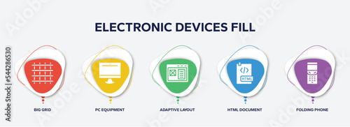 infographic element template with electronic devices fill filled icons such as big grid, pc equipment, adaptive layout, html document, folding phone vector.