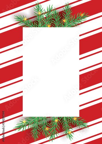Stripes candy cane pattern with Christmas tree green branches. Diagonal straight lines Christmas background. Red and white peppermint wrapping paper. Simple trendy backdrop illustration