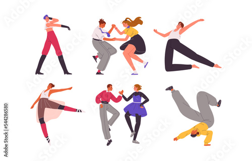 Dancing people set. Happy characters, young couples, man and woman dancers in movement, action to energetic music, fun and rave energy. Flat vector illustrations isolated on white background