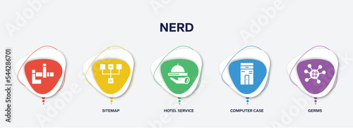 infographic element template with nerd filled icons such as , sitemap, hotel service, computer case, germs vector.