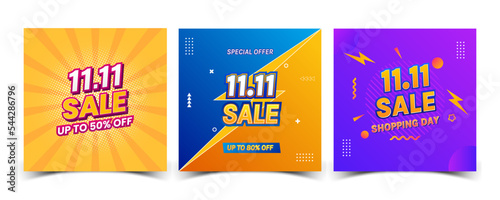 Set of 11.11 sale banner discount promotion for social media post template vector illustration