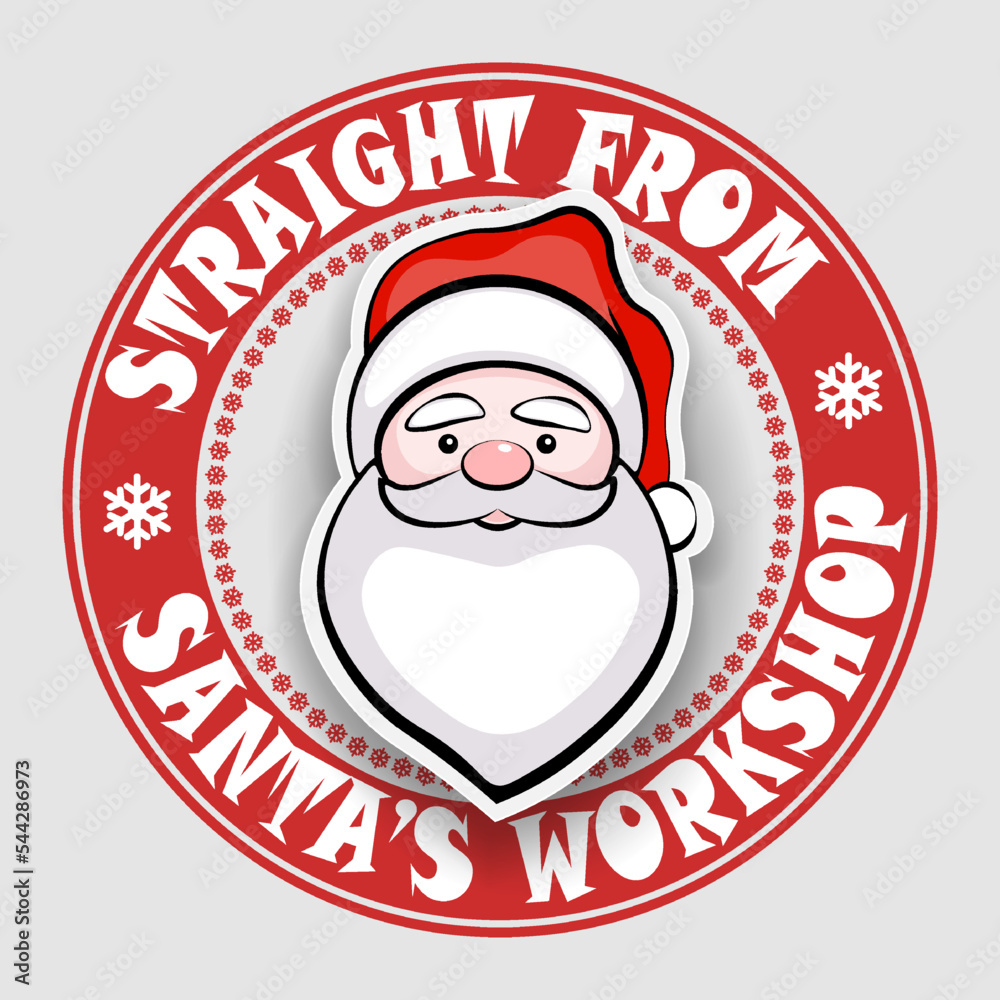 Print with Santa Claus in red cap, snowflakes, design component Print with Santa Claus in red cap, snowflakes, design component