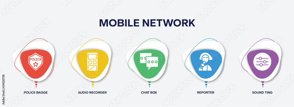 infographic element template with mobile network filled icons such as police badge, audio recorder, chat box, reporter, sound ting vector. infographic element template with mobile network filled icons such as police badge, audio recorder, chat box, reporter, sound ting vector.