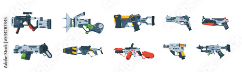 Game blaster. Cartoon space gun for child games, futuristic alien laser weapon plastic handle pistol toys UI design elements. Vector set