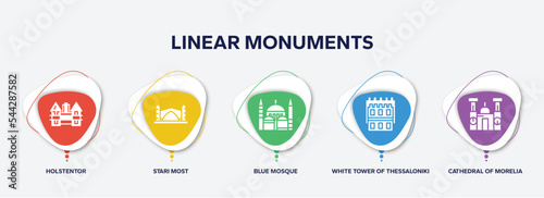 infographic element template with linear monuments filled icons such as holstentor, stari most, blue mosque, white tower of thessaloniki, cathedral of morelia vector.