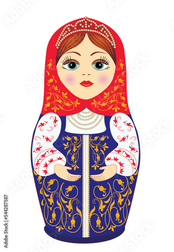Russian traditional nesting dolls in vector with colorized drawing. Beautiful and cheerful elegant Matryoshka.  Souvenir vector illustration. Gift. Banner. Advertising