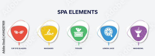 infographic element template with spa elements filled icons such as cat eye glasses, massages, tissues, lemon juice, washbowl vector.
