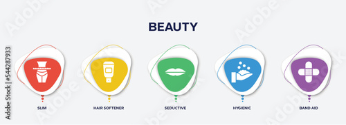 infographic element template with beauty filled icons such as slim, hair softener, seductive, hygienic, band aid vector.