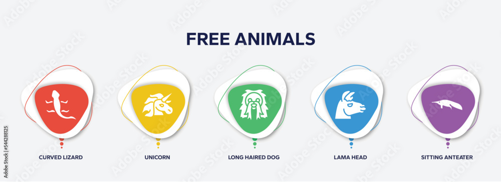 infographic element template with free animals filled icons such as curved lizard, unicorn, long haired dog head, lama head, sitting anteater vector.
