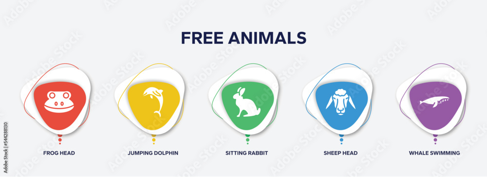 infographic element template with free animals filled icons such as frog head, jumping dolphin, sitting rabbit, sheep head, whale swimming vector. infographic element template with free animals filled icons such as frog head, jumping dolphin, sitting rabbit, sheep head, whale swimming vector.