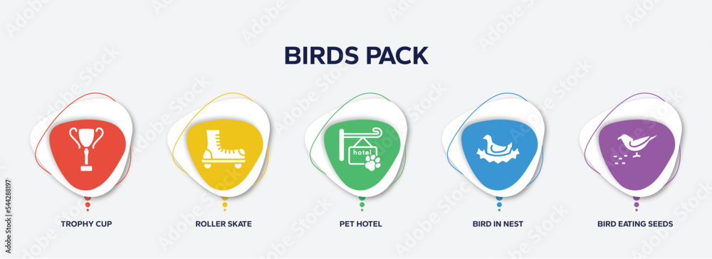 infographic element template with birds pack filled icons such as trophy cup, roller skate, pet hotel, bird in nest, bird eating seeds vector.