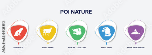 infographic element template with poi nature filled icons such as sitting cat, black sheep, border collie dog head, eagle head, angular mountain vector.