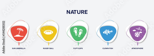 infographic element template with nature filled icons such as sun umbrella, rugby ball, flip flops, clown fish, atmosphere vector.