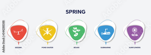 infographic element template with spring filled icons such as seesaw, pond skater, beans, submarine, sunflowers vector.